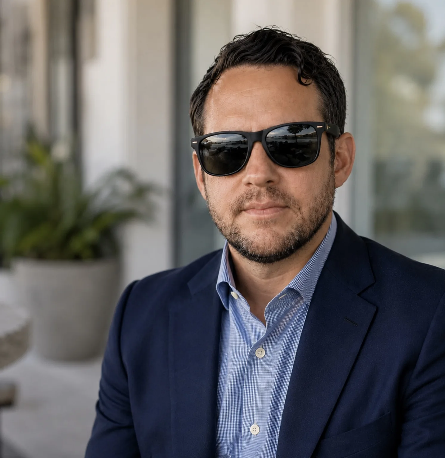 Scott Stoneburner wearing sunglasses and a navy blazer